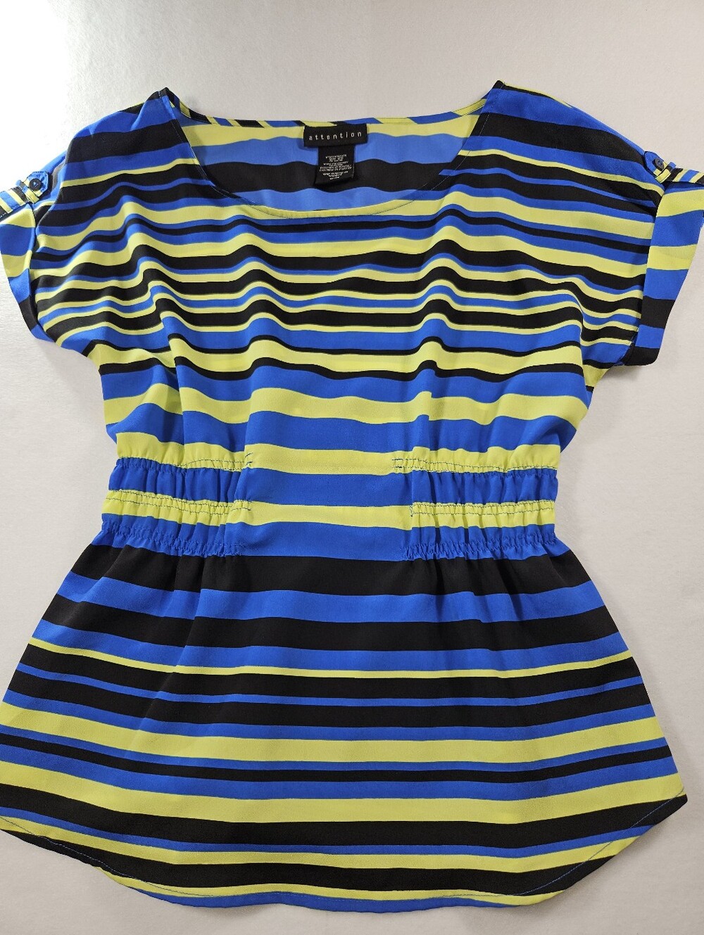 Attention Striped Blue & Yellow Elastic-Waist Women’s Top Size M